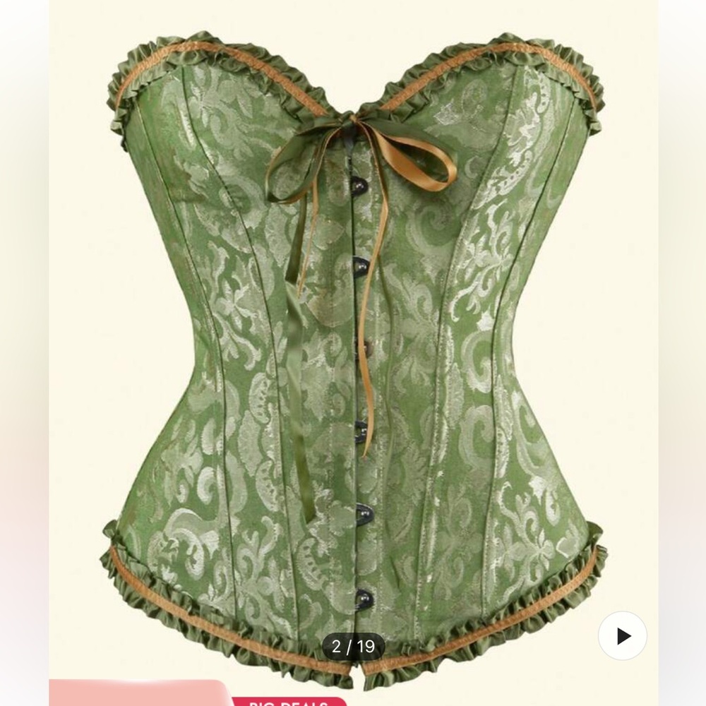 SHEIN Green Brocade Strapless Corset with Gold Ribbon Trim